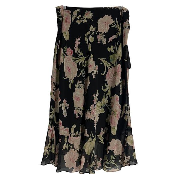 Chaps Woman’s Retro Black Pink Floral Ruffle High Low Midi Skirt- Size 10 - Picture 2 of 9